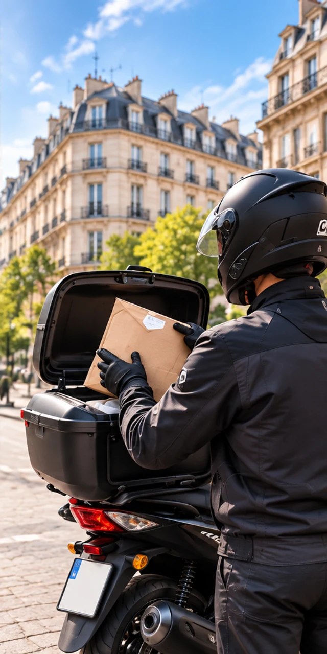 Coursier protégeant un petit colis dans le coffre de sa moto