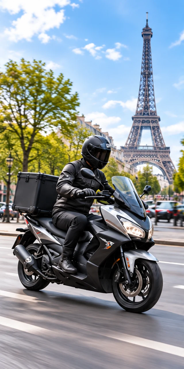 Coursier à moto près de la tour Eiffel